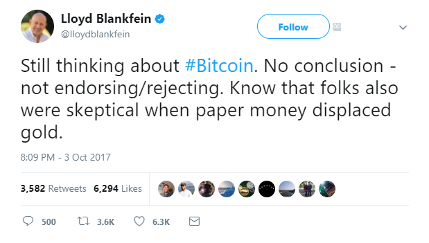 Goldman Sachs CEO Bitcoin Twitter Post