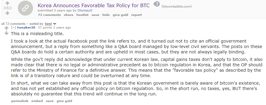 South Korea Bitcoin Tax Announcement 2013 Reddit comment