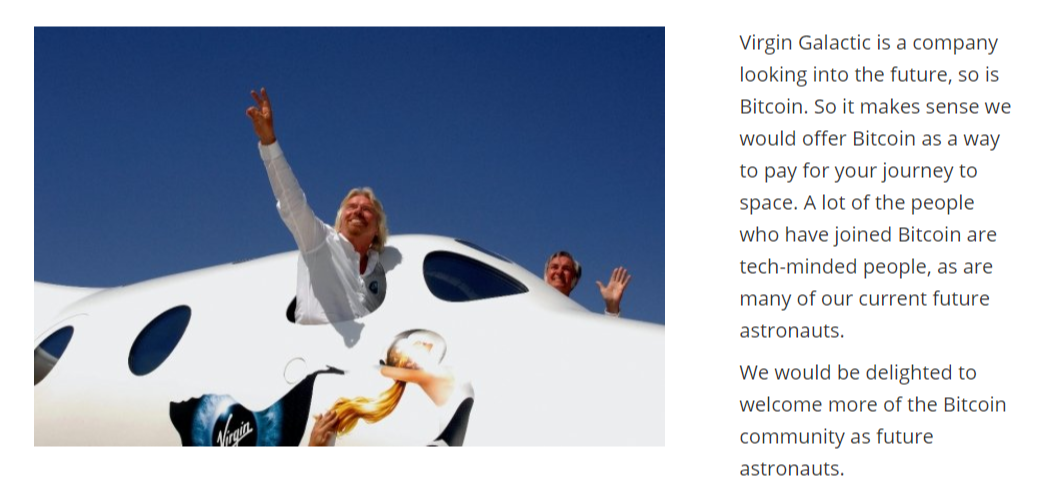 Virgin Galactic Bitcoin payment company website