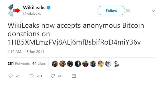 WikiLeaks Bitcoin donations tweet