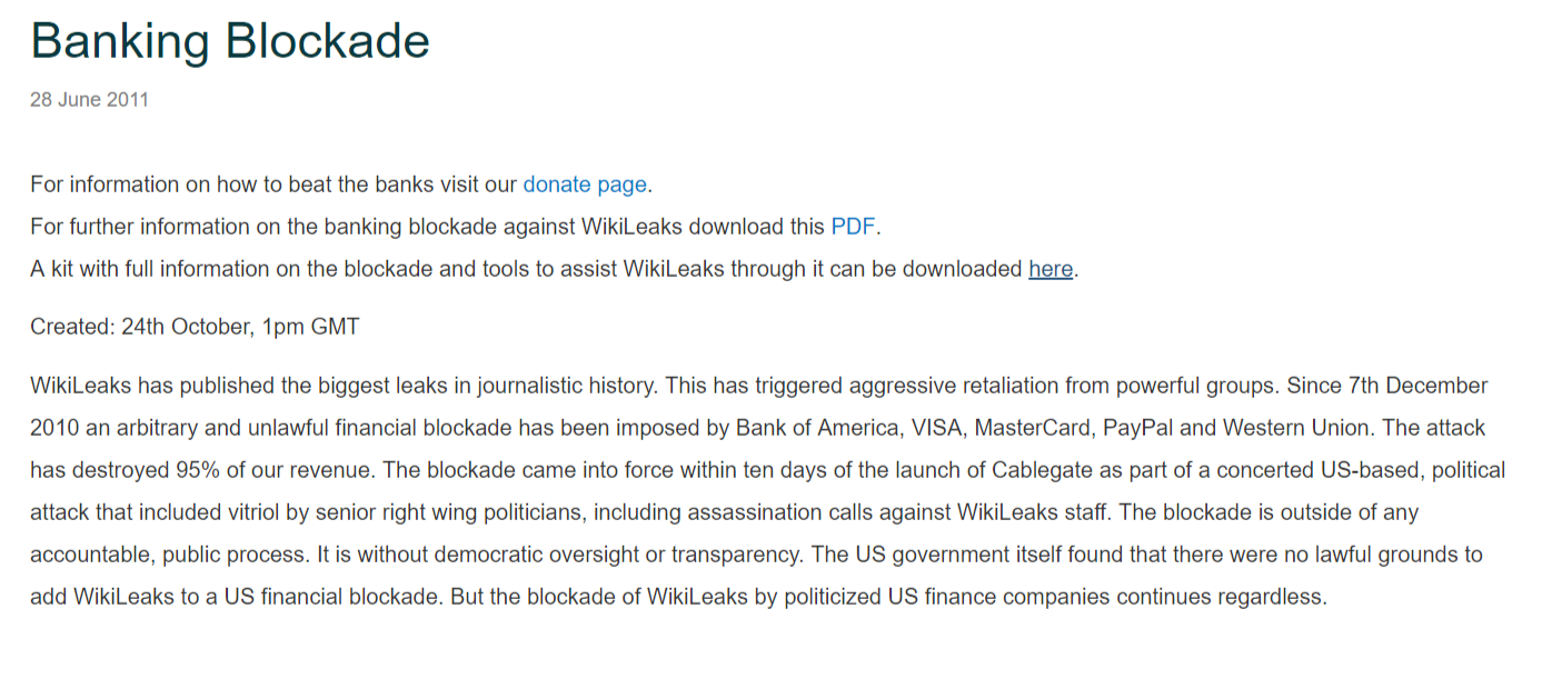 WikiLeaks banking blockade statement