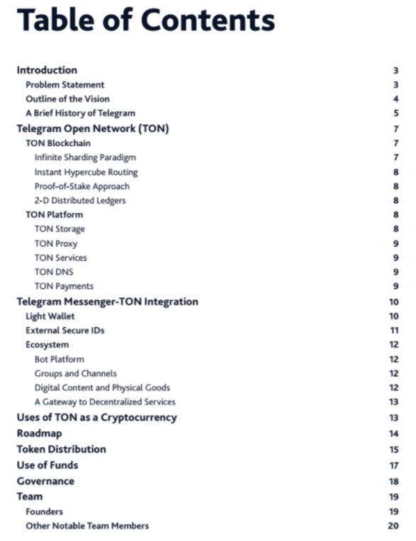 Telegram TON Whitepaper table of contents